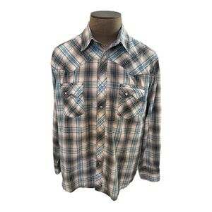 Wrangler Mens Western Cowboy Shirt Blue Black Plaid 2XL